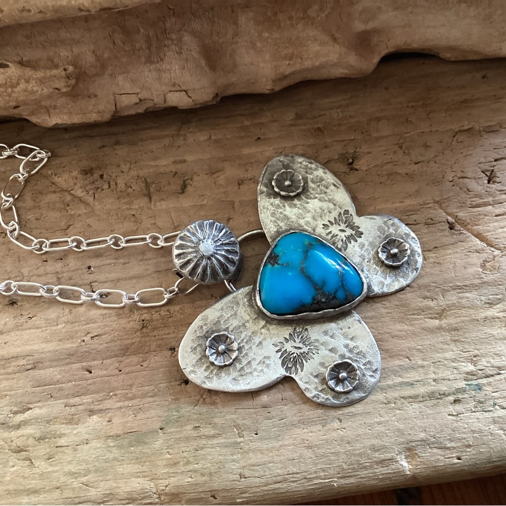 Turquoise and Sterling Silver Butterfly Pendant Necklace